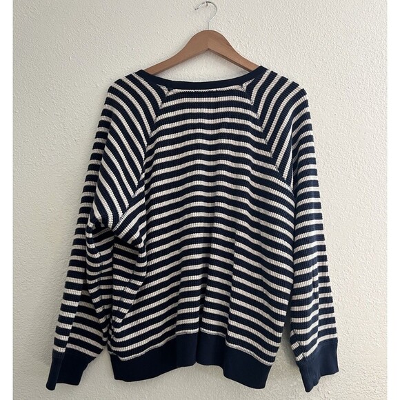 J Crew Waffle Knit Navy Stripe Sweater Relaxed Women XL Nautical Cotton - Picture 3 of 8